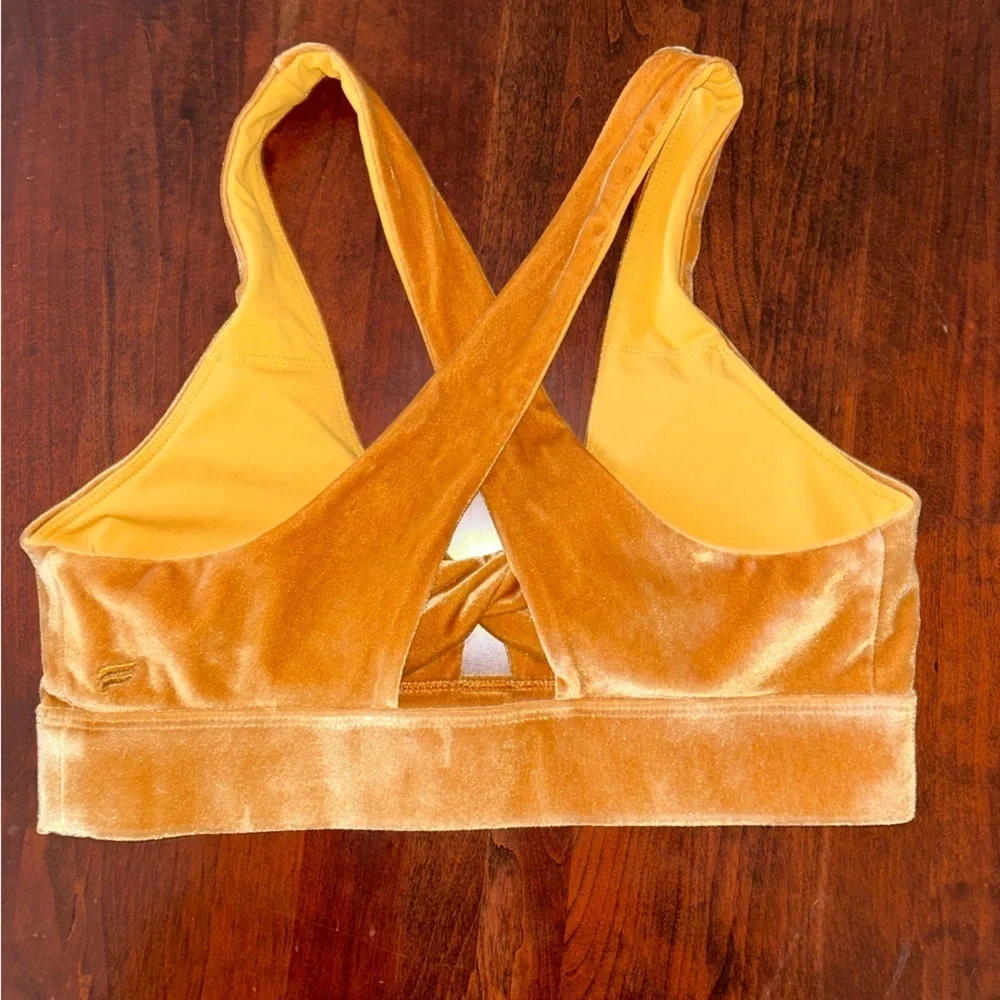 Fabletics Oasis Twist Velour Padded Sports Bra - Light Honey Yellow Gold